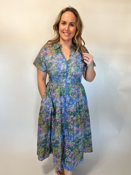 Floral Print Collared Cinched Waist Dress- Blue Floral-K. Ellis Boutique