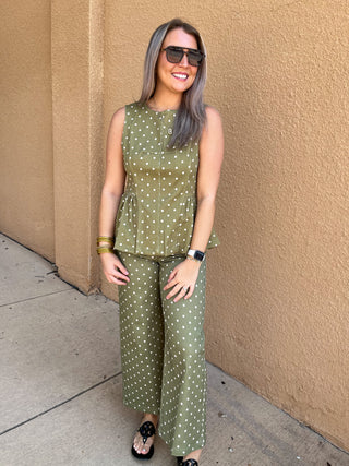 Olive Dot Peplum Top-Sleeveless Top-K. Ellis Boutique