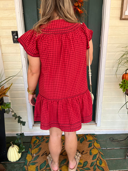 Gingham Dress with Trim-Red-K. Ellis Boutique