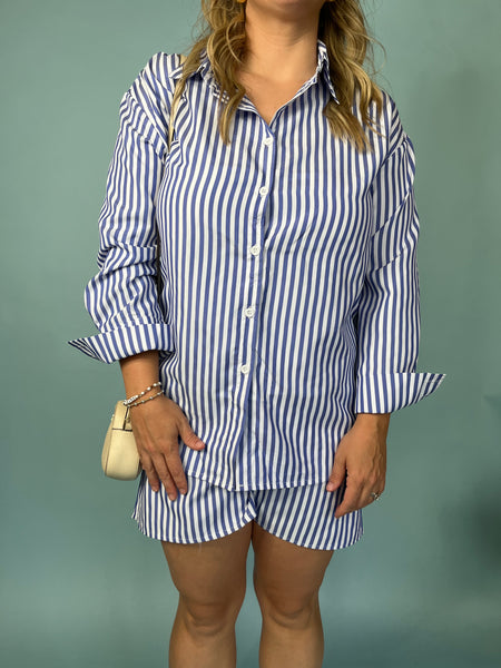 STRIPED LONG SLEEVE SHIRT AND SHORTS SET- BLUE-K. Ellis Boutique