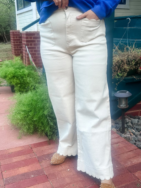 Scallop Trim Wide Leg Pants- Ecru-K. Ellis Boutique