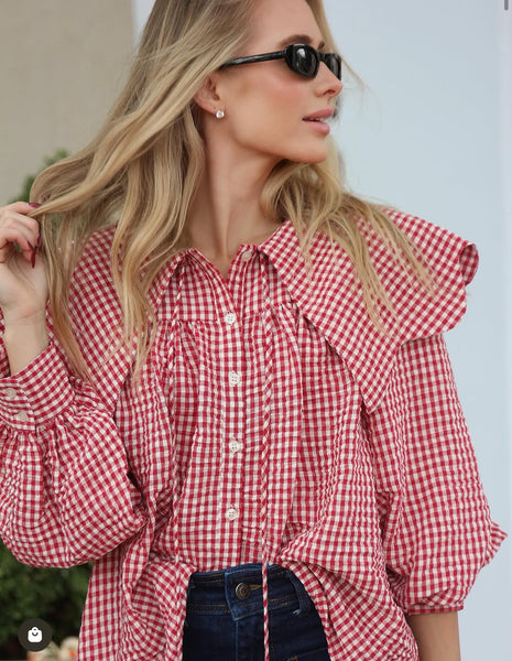 Gingham Poplin Peter Pan Collar Top-Karlie-K. Ellis Boutique