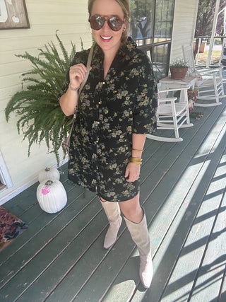 Floral Print Cotton Dress- Black Floral-K. Ellis Boutique