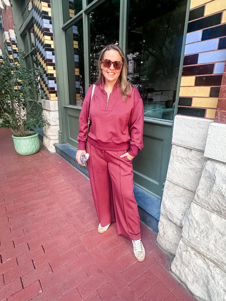Half Zip Sweatshirt & Pant Set- Wine-K. Ellis Boutique