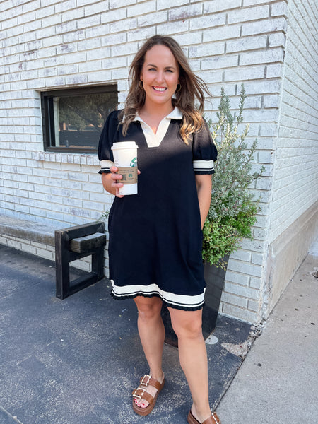 Solid Textured Collared White Trim Dress-K. Ellis Boutique