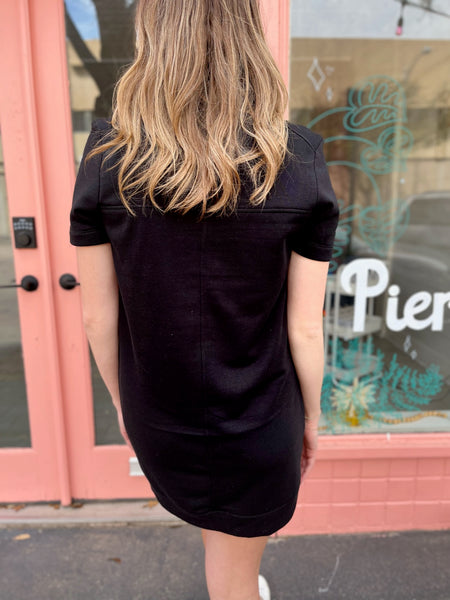 French Terry Short Sleeve Quarter Zip Dress with Collar- Black-K. Ellis Boutique