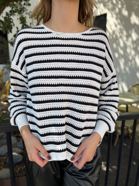 RELAXED STRIPED KNIT SWEATER- BLACK-K. Ellis Boutique
