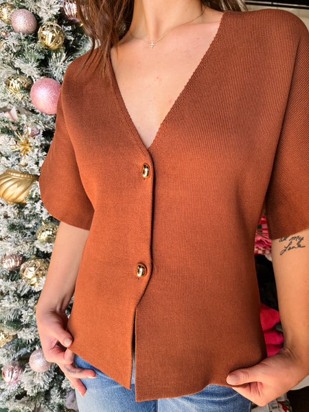 Front Button Vneck Cardigan- Brown-K. Ellis Boutique