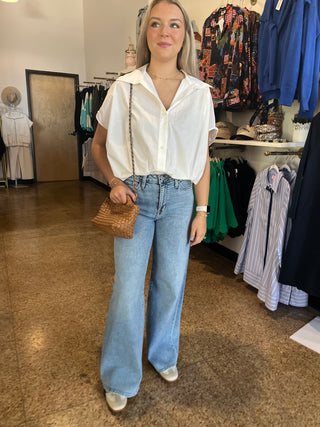 Bubble Hem Button-Up Blouse- White-K. Ellis Boutique