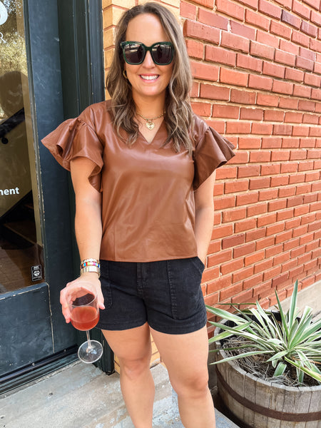 Solid Faux Leather Ruffle Sleeve Top- Brown-K. Ellis Boutique