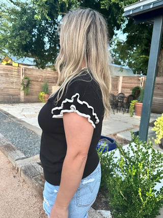 Crew Neck Short Ruffle Sleeve Knit Top - Black-Short Sleeve Top-K. Ellis Boutique