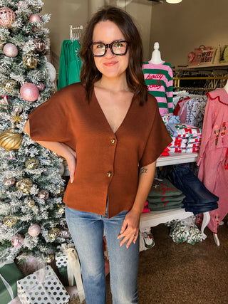 Front Button Vneck Cardigan- Brown-K. Ellis Boutique