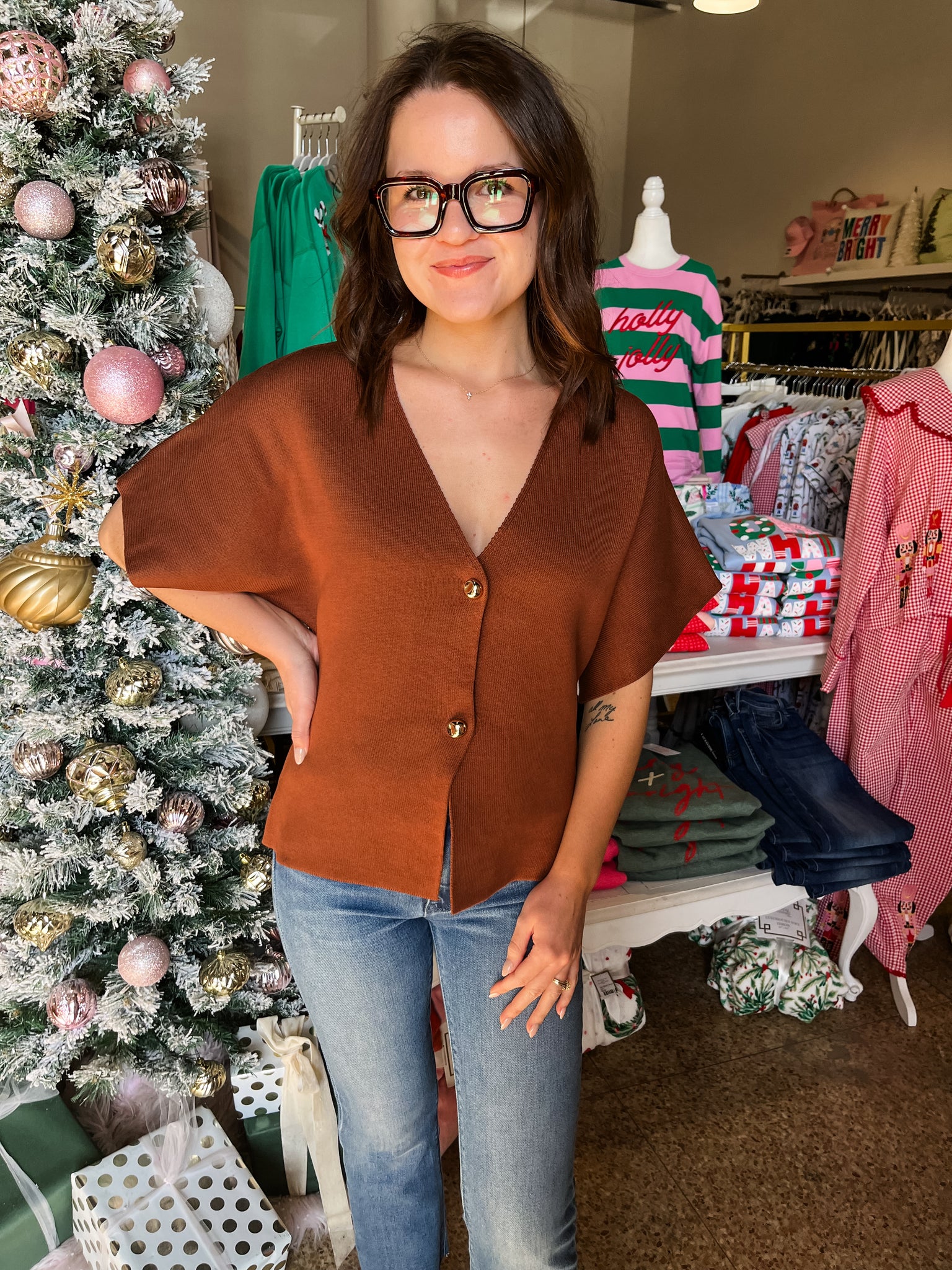 Front Button Vneck Cardigan- Brown-K. Ellis Boutique