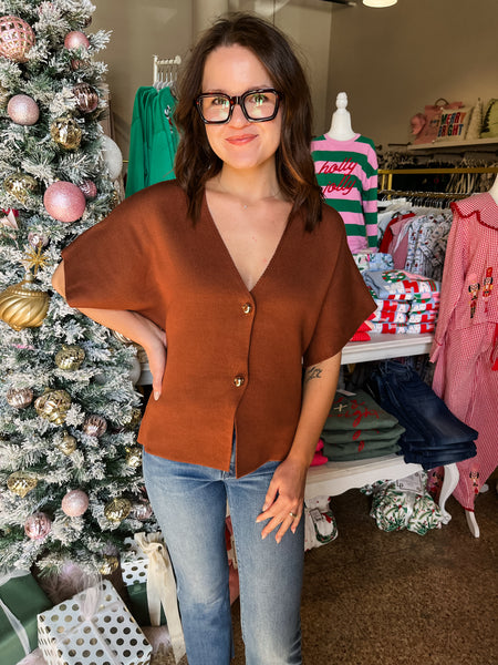 Front Button Vneck Cardigan- Brown-K. Ellis Boutique