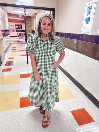 Olive Gingham Puff Sleeve Midi Dress-Midi/Maxi Dress-K. Ellis Boutique
