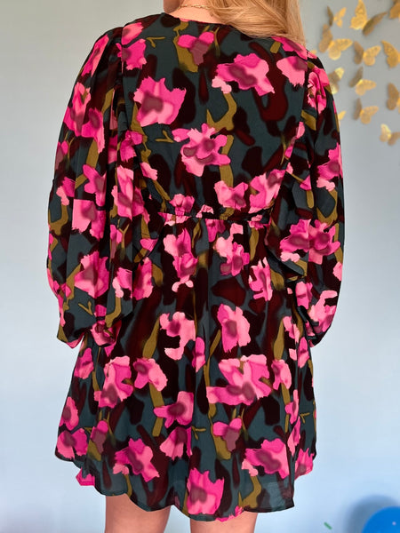 Floral Print V-neck Mini Dress- Hunter Green-K. Ellis Boutique