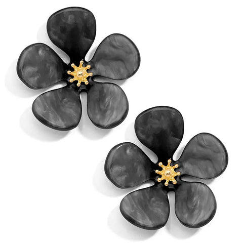 Glistening Resin Flower Stud Earring- Black-K. Ellis Boutique