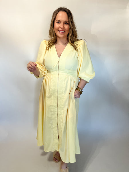 Anne ¾ Sleeve Zip Front Midi- Yellow-K. Ellis Boutique