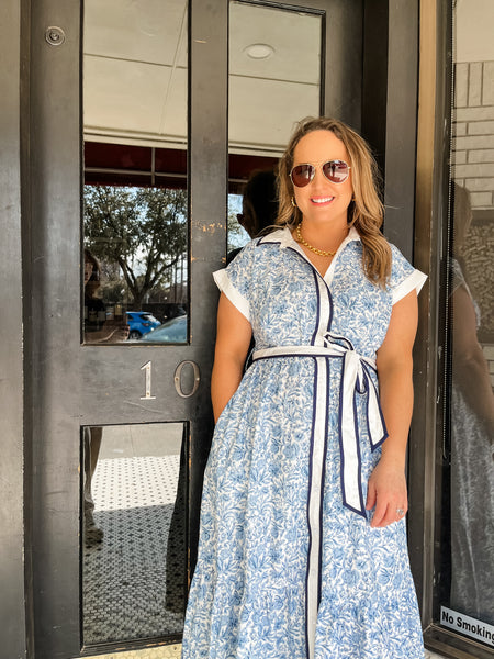 Floral Print Collared Midi Dress- Blue-K. Ellis Boutique