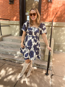 Floral Print Square Neck Mini Dress- Navy-K. Ellis Boutique