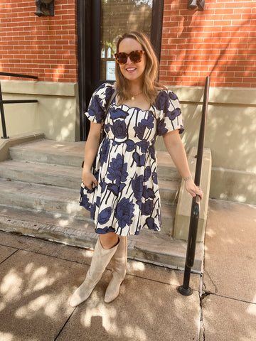 Floral Print Square Neck Mini Dress- Navy-K. Ellis Boutique