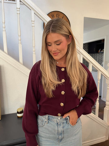 Crewneck Button Up Cardigan- Wine-K. Ellis Boutique