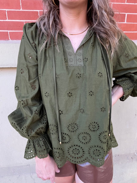 Solid Eyelet Long Sleeve Top - Olive-K. Ellis Boutique