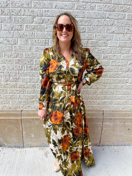 Abstract Rose Button Up Midi Dress- Rust/Olive-K. Ellis Boutique