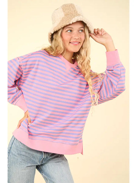 Stripe Comfy Casual Oversized Knit Top- Pink/Purple-K. Ellis Boutique