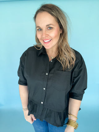 Miranda Ruffle Hem Button Up- Black-Short Sleeve Top-K. Ellis Boutique