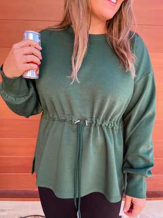 Drawstring Waist Smooth Textured Top- Hunter Green-K. Ellis Boutique