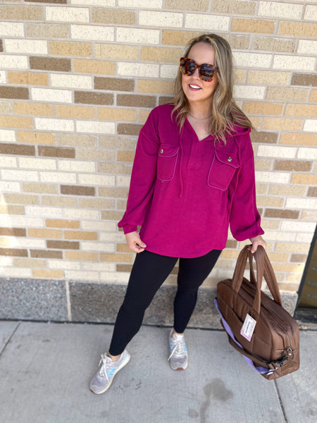 Oversized Hoodie Knit Top W/ Patch Pockets- Magenta-K. Ellis Boutique