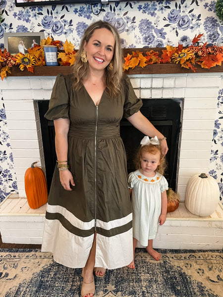 Front Zipper Color Block Midi Dress- Olive-K. Ellis Boutique