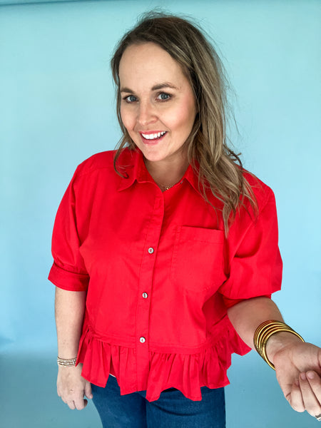 Miranda Ruffle Hem Button Up- Red-K. Ellis Boutique