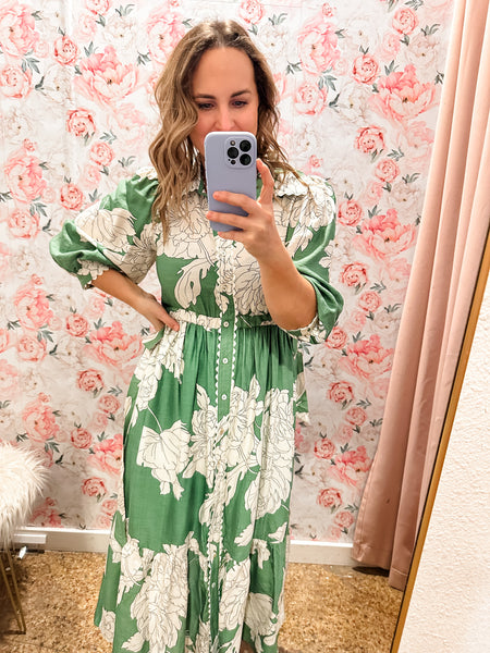 Floral Print Button Up Midi Dress- Green-K. Ellis Boutique