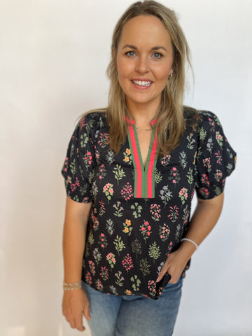 Courtney Floral Puff Sleeve Top- Black-K. Ellis Boutique