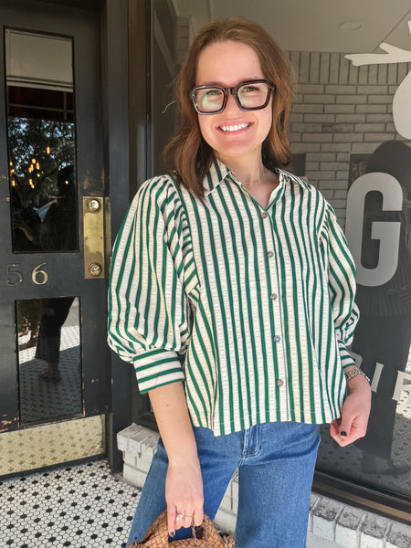 Striped Puff Sleeve Button Down- Green-K. Ellis Boutique