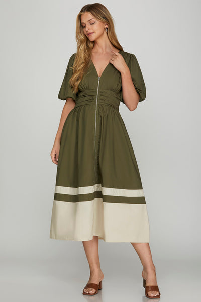 Front Zipper Color Block Midi Dress- Olive-K. Ellis Boutique