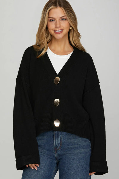 Gold Button Cardigan- Black-K. Ellis Boutique