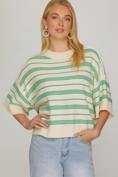 Drop Sleeve Stripe Knit Sweater- Green and White-K. Ellis Boutique
