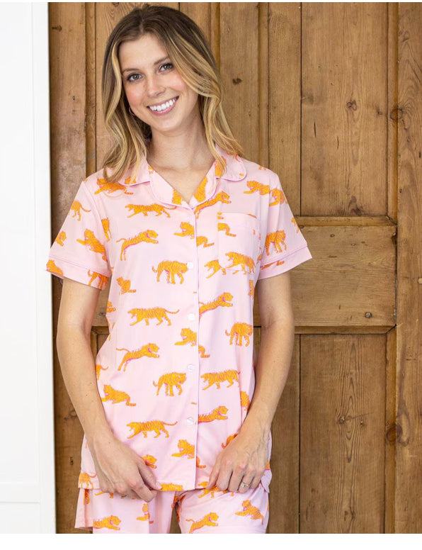 Tiger Walk Short Sleeve Button Up Sleep Shirt- Orange/Pink-K. Ellis Boutique