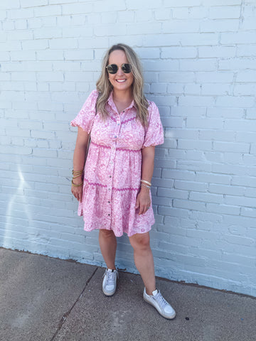 Floral Print Bubble Sleeve Mini Dress - Pink Combo-K. Ellis Boutique