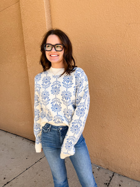 Winter Floral Blue and White Sweater-K. Ellis Boutique