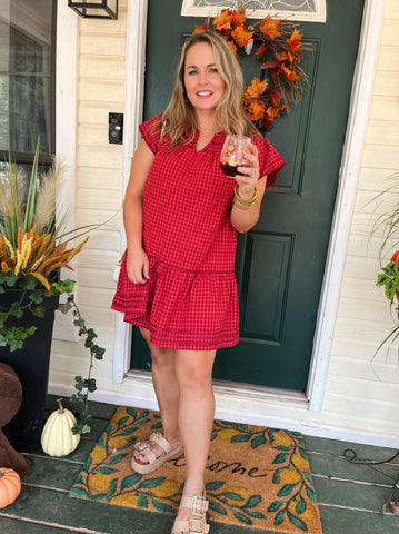 Gingham Dress with Trim-Red-K. Ellis Boutique