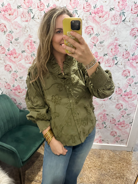 Floral Applique Top- Olive-K. Ellis Boutique