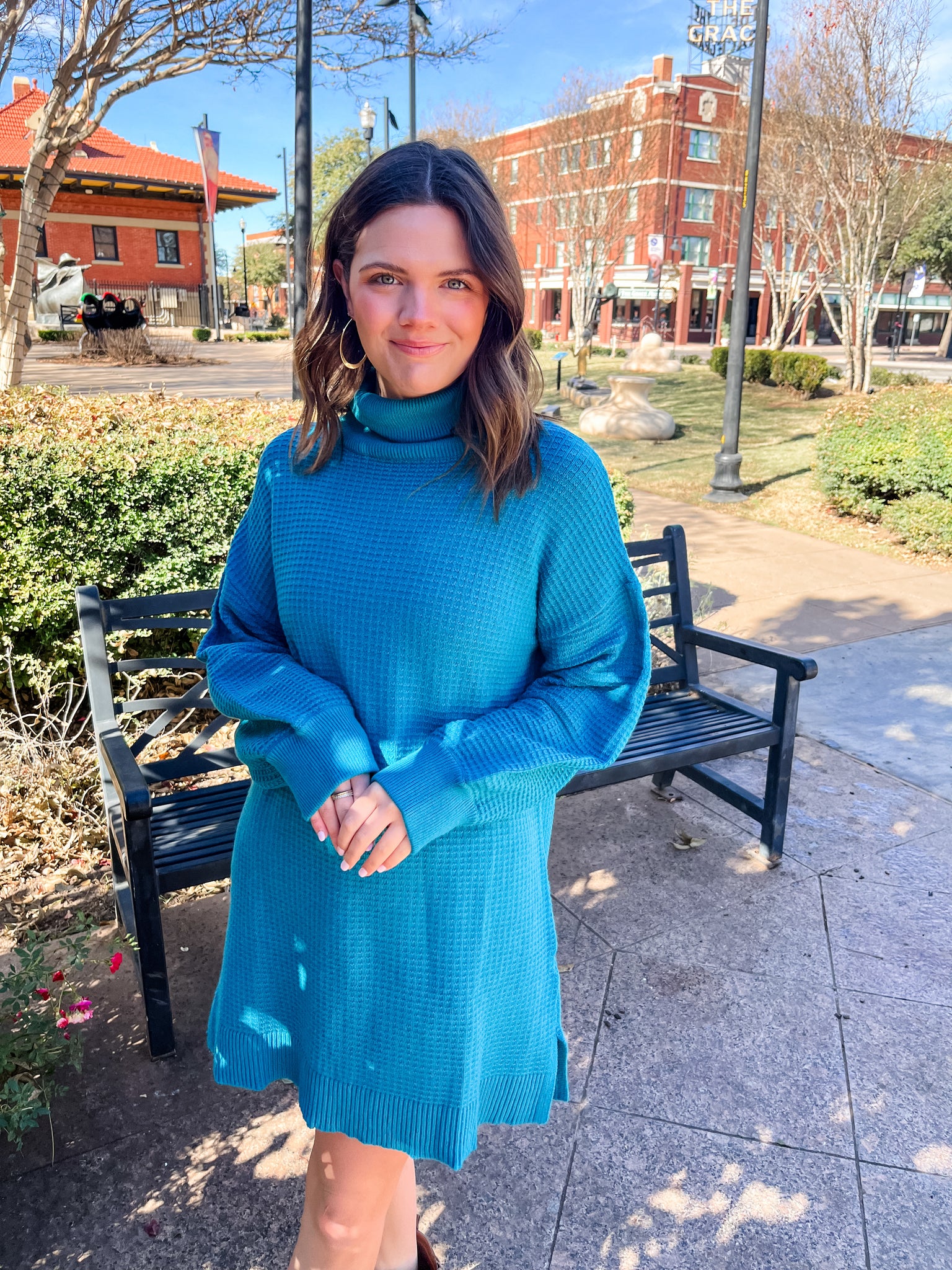 Waffle Knit Turtleneck Sweater Dress- Teal-K. Ellis Boutique