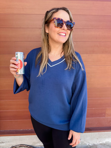 Modal Scuba Contrast Piping Vneck- Navy-K. Ellis Boutique