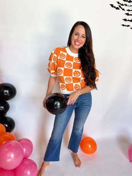 Short Sleeve Pumpkin Checkered Top - Pumpkin-K. Ellis Boutique