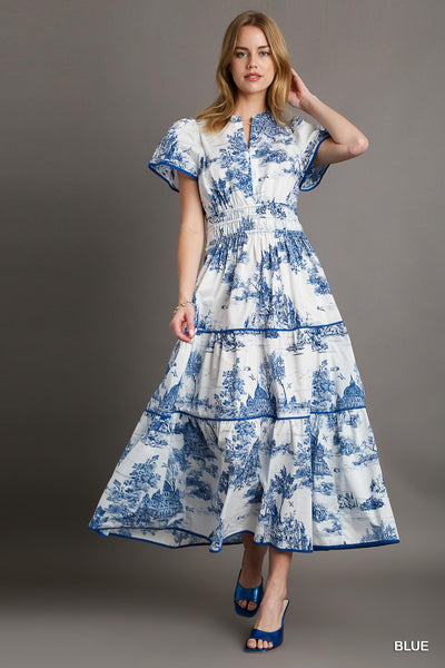 Blue Toile Printed Dress Midi-K. Ellis Boutique