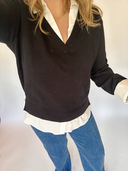 Mixed Shirt Layered Sweater Top - Black/White-K. Ellis Boutique